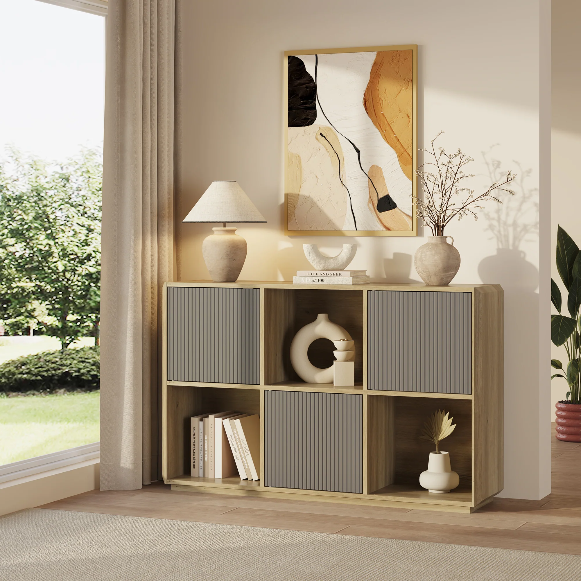 Sideboard Trömi 75x120x30 cm Eicheoptik/Grau [en.casa] - Image 2