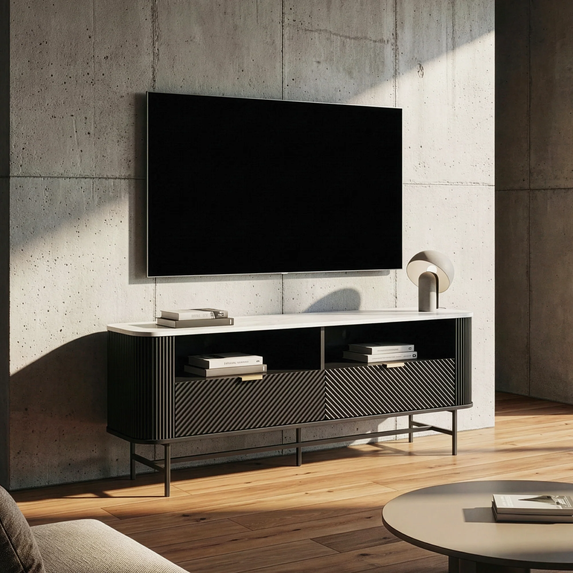 TV-Lowboard Olvehok 140x40x55 cm Schwarz/Marmoroptik, weiß [en.casa] - Image 2