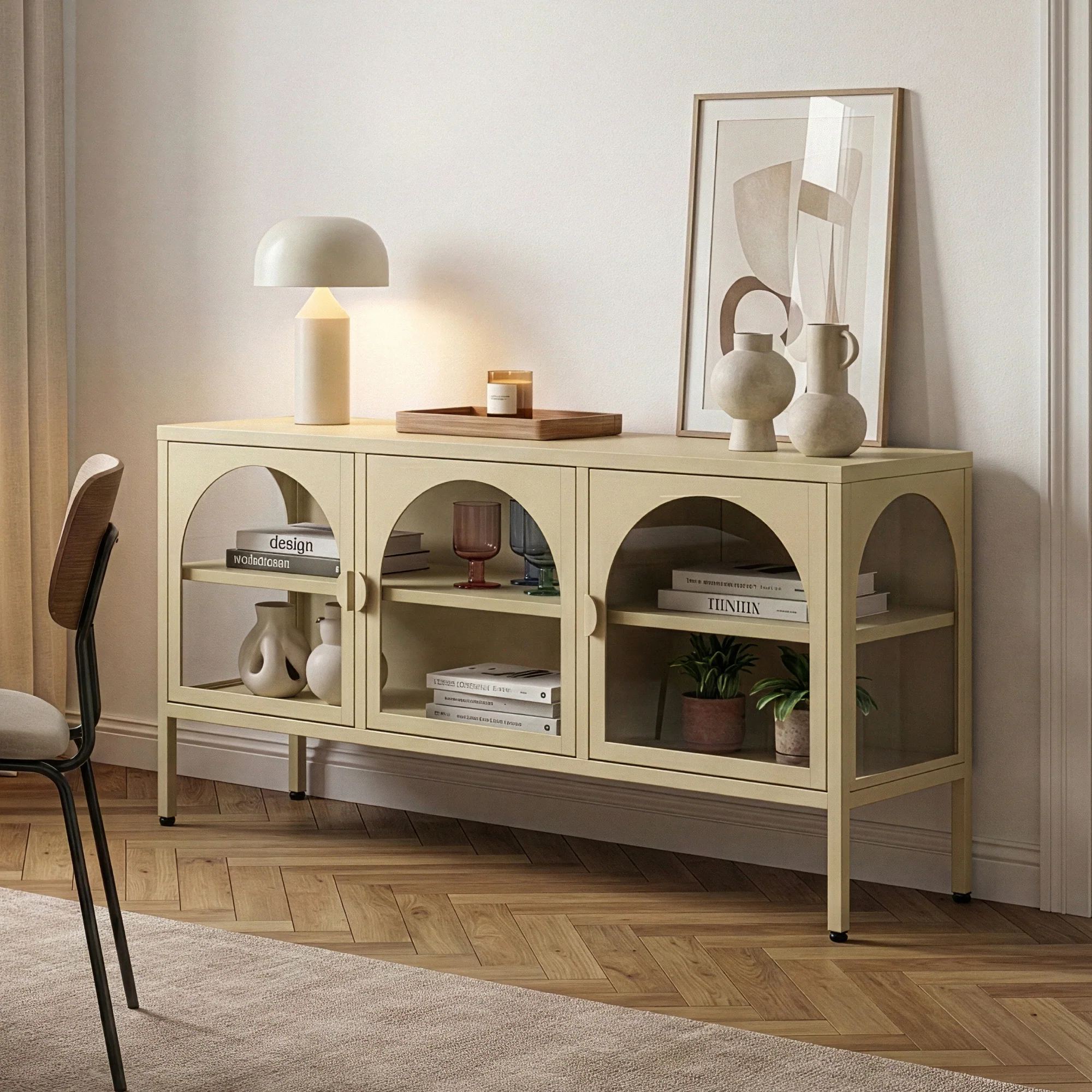Vitrinen-Sideboard Klippestad Stahl 118x35x55 cm Kamelfarben [en.casa] - Image 2