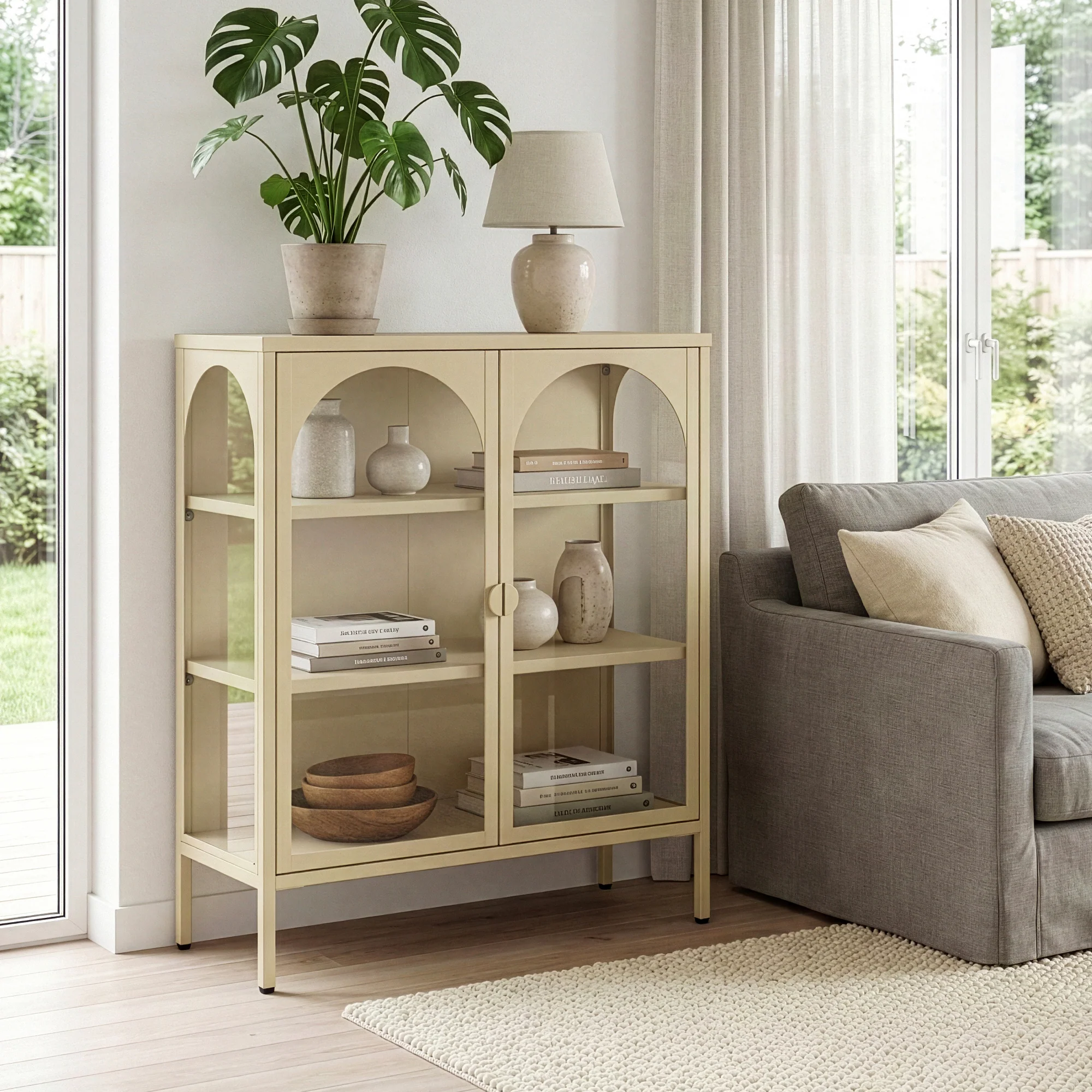 Vitrinen-Sideboard Klippestad Stahl 95x80x35 cm Kamelfarben [en.casa] - Image 2