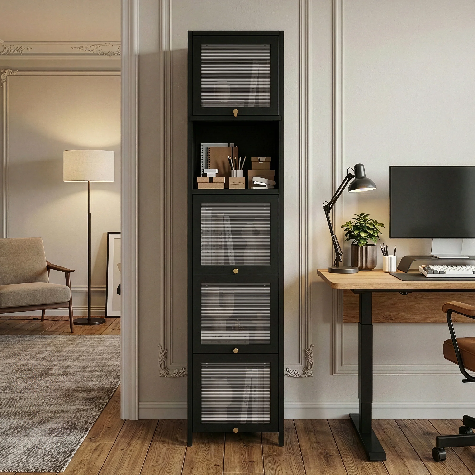 Vitrinenschrank Ostersund 174x40x35 cm Schwarz [en.casa] - Image 2