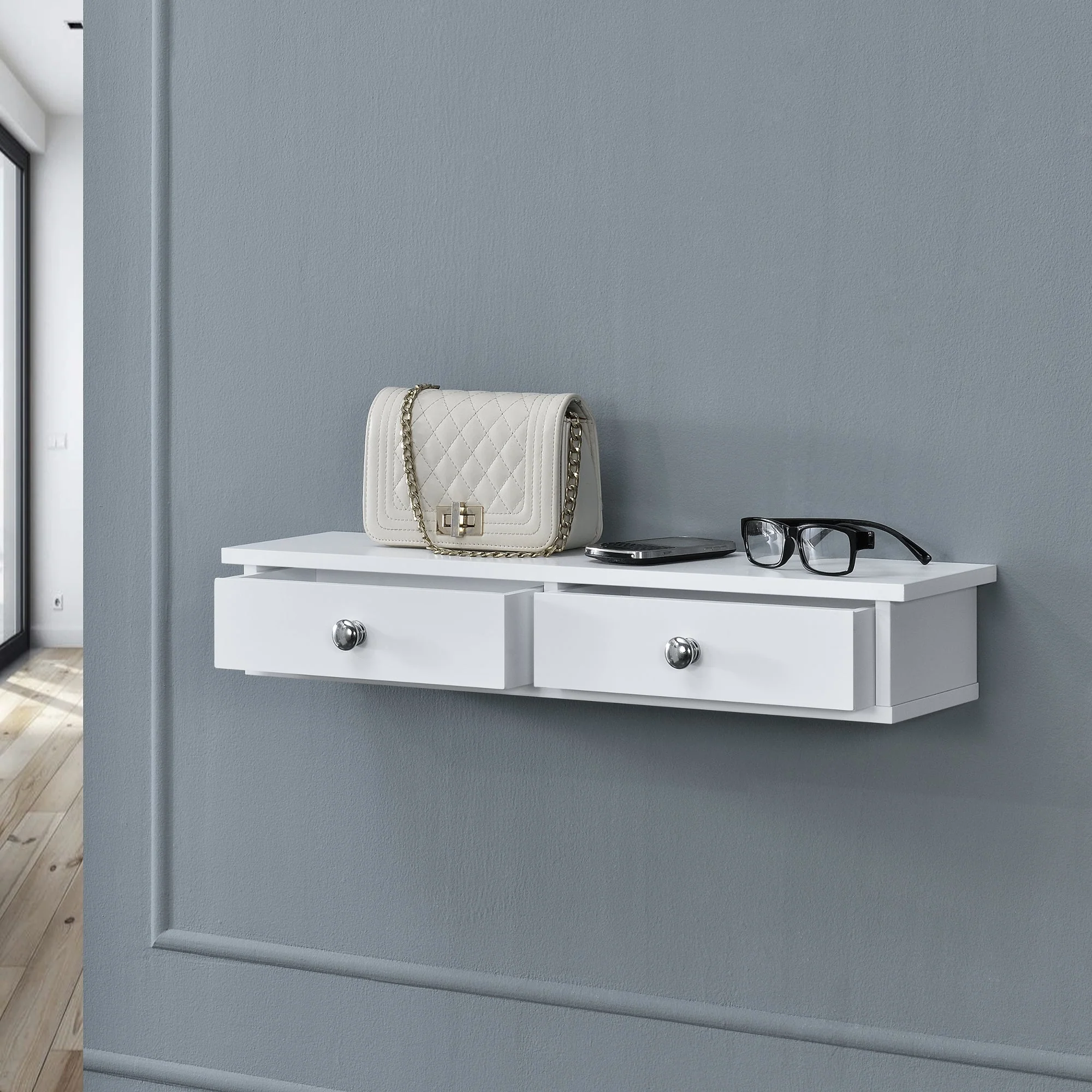 Wandregal Geeste 60x15x10 cm mit 2 Schubladen Weiß [en.casa] - Image 2