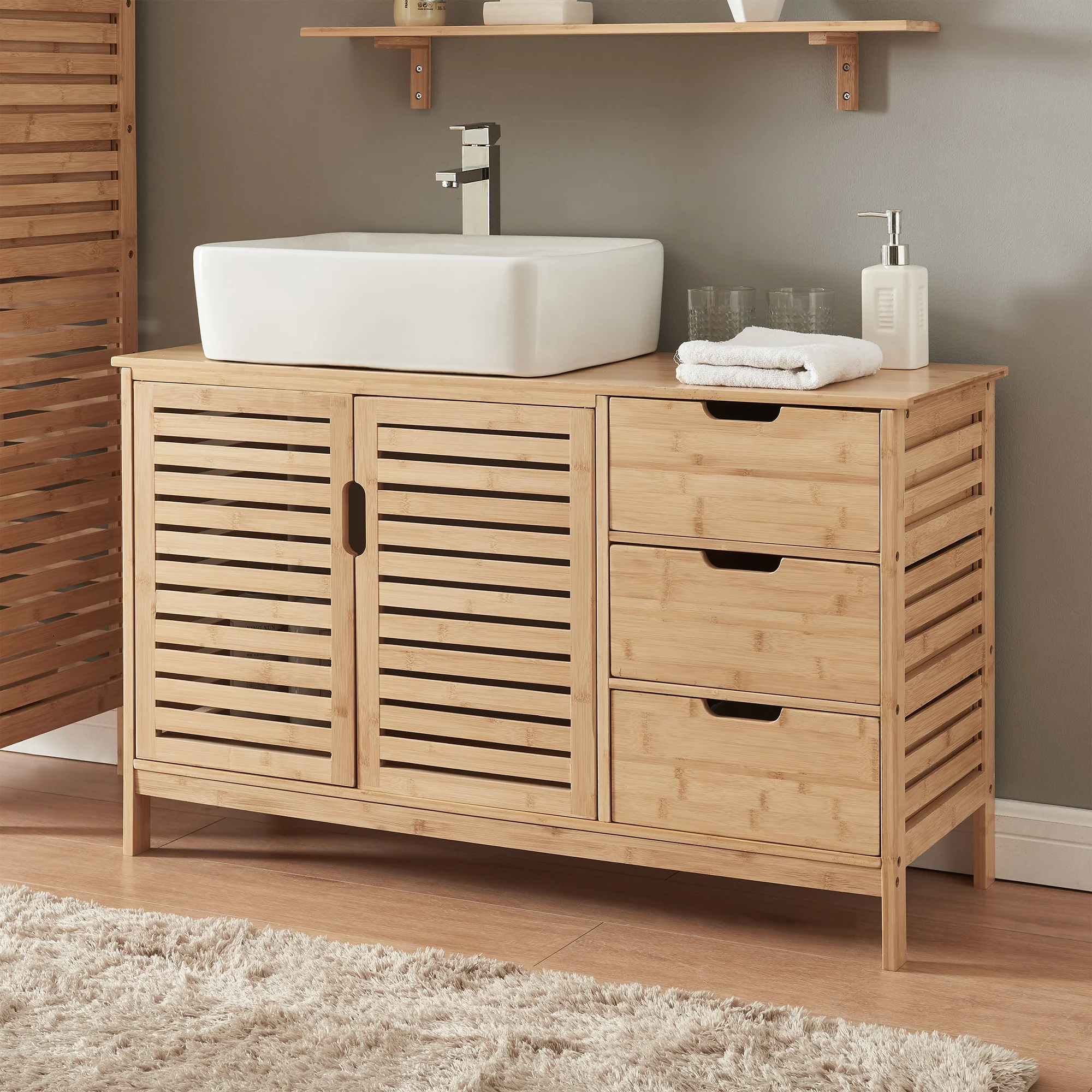 Waschbeckenunterschrank Boksereys 60x100x35 cm Bambus Natur [en.casa]